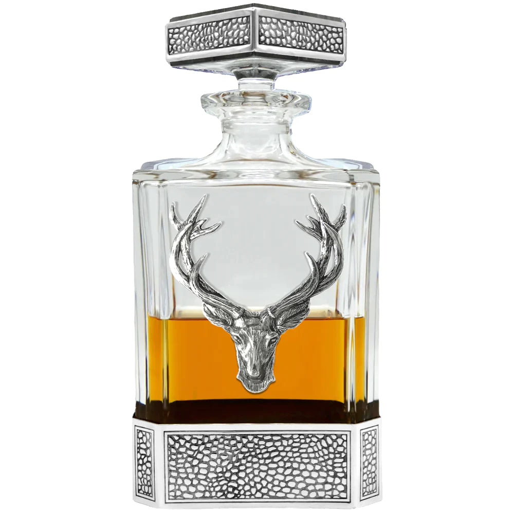 Regal Stag Rectangular Pewter Decanter Set with matching Tumblers