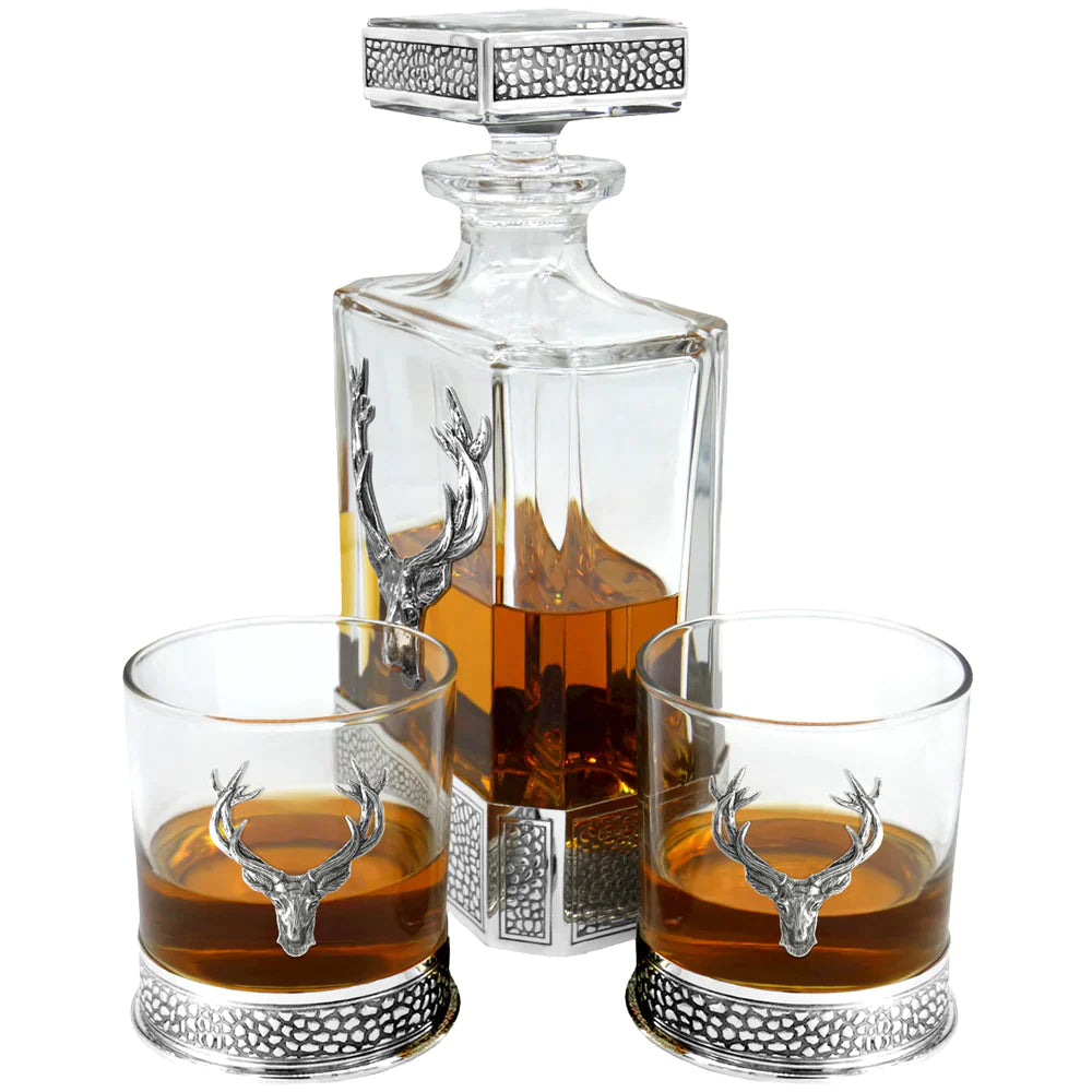 Regal Stag Rectangular Pewter Decanter Set with matching Tumblers