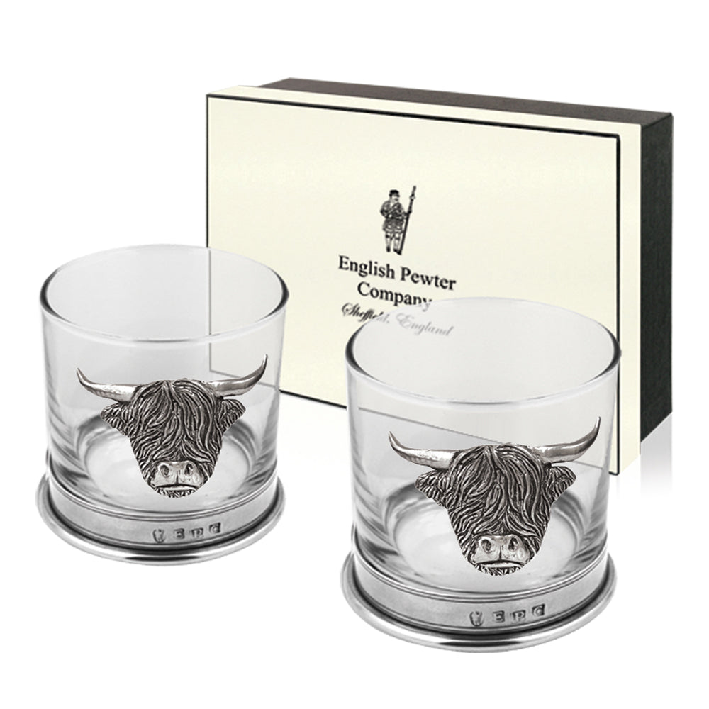 11oz Highland Cow Pewter Whisky Glass Tumbler Set of 2