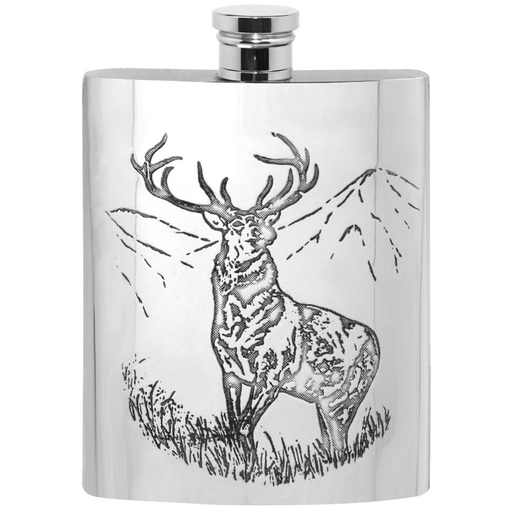 6oz Pewter Hip Flask with Highland Stag Design